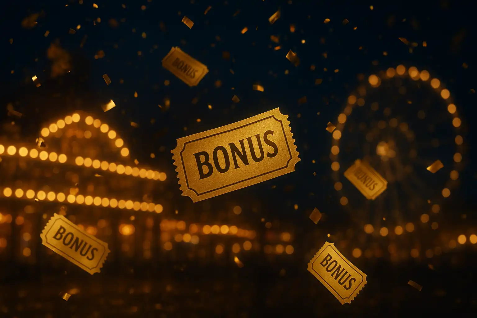 Golden bonus tickets and confetti falling over a carnival casino scene