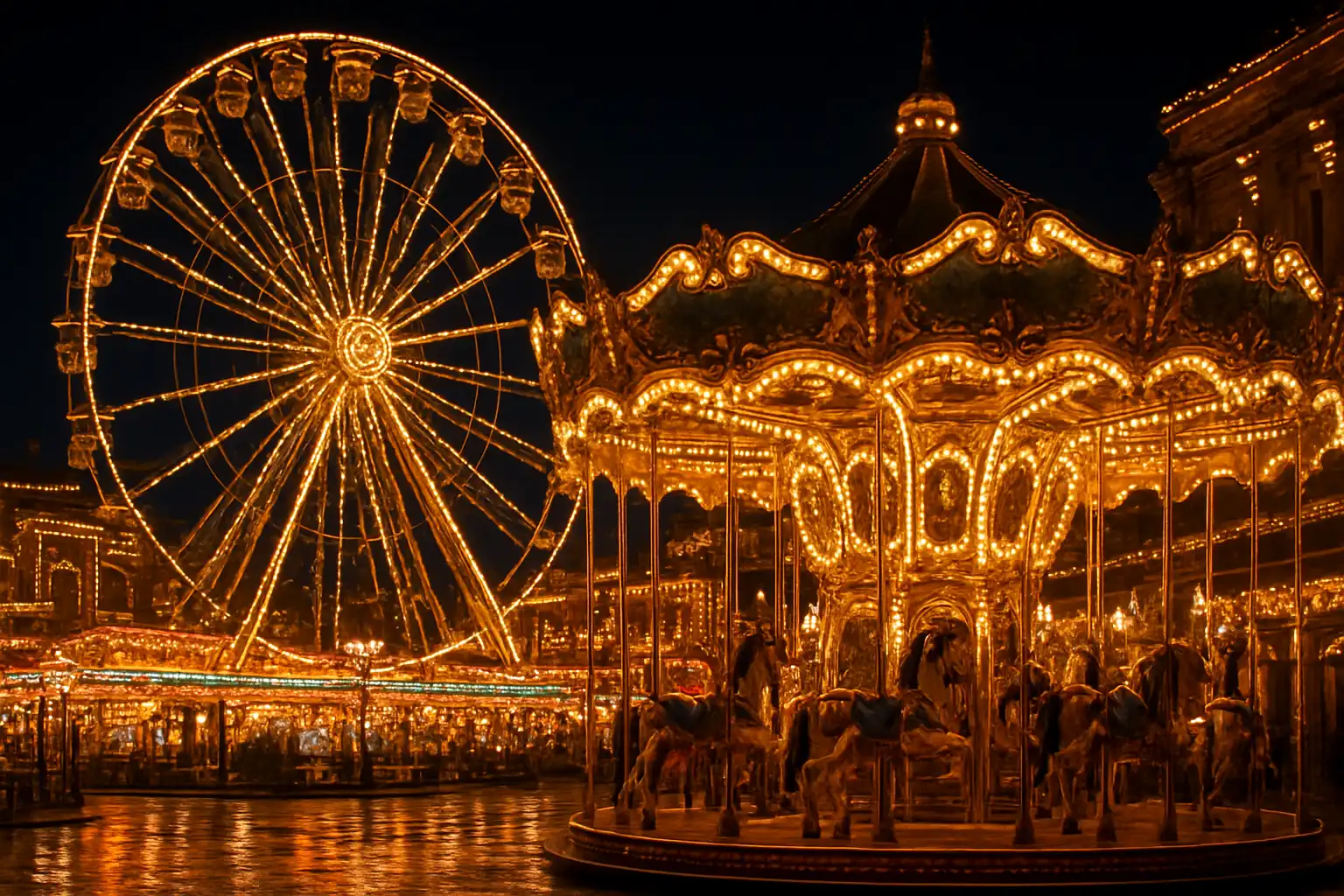 Illuminated Ferris wheel and carousel at the RaraWin Carnival Royale casino at night