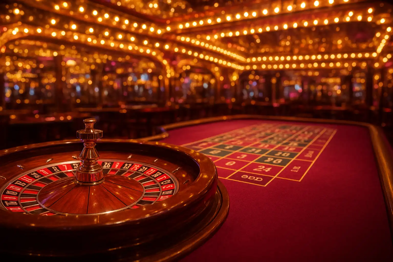 Roulette wheel and betting table lit up inside the RaraWin carnival casino