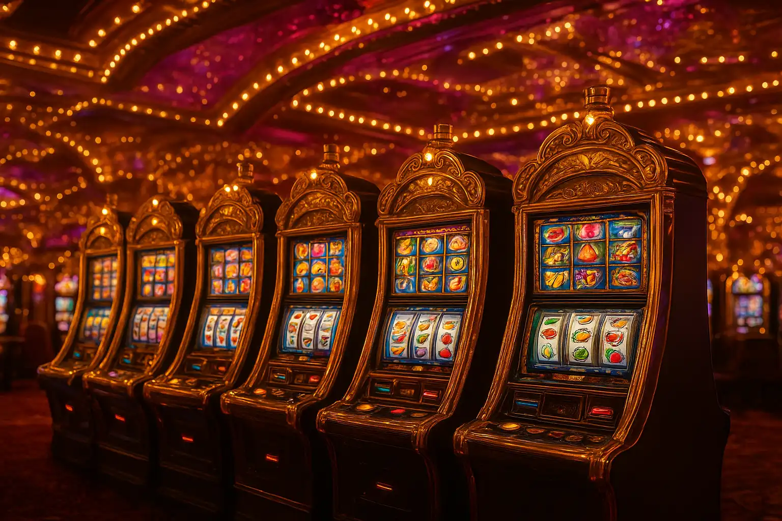 Row of glowing slot machines inside the RaraWin carnival hall at night