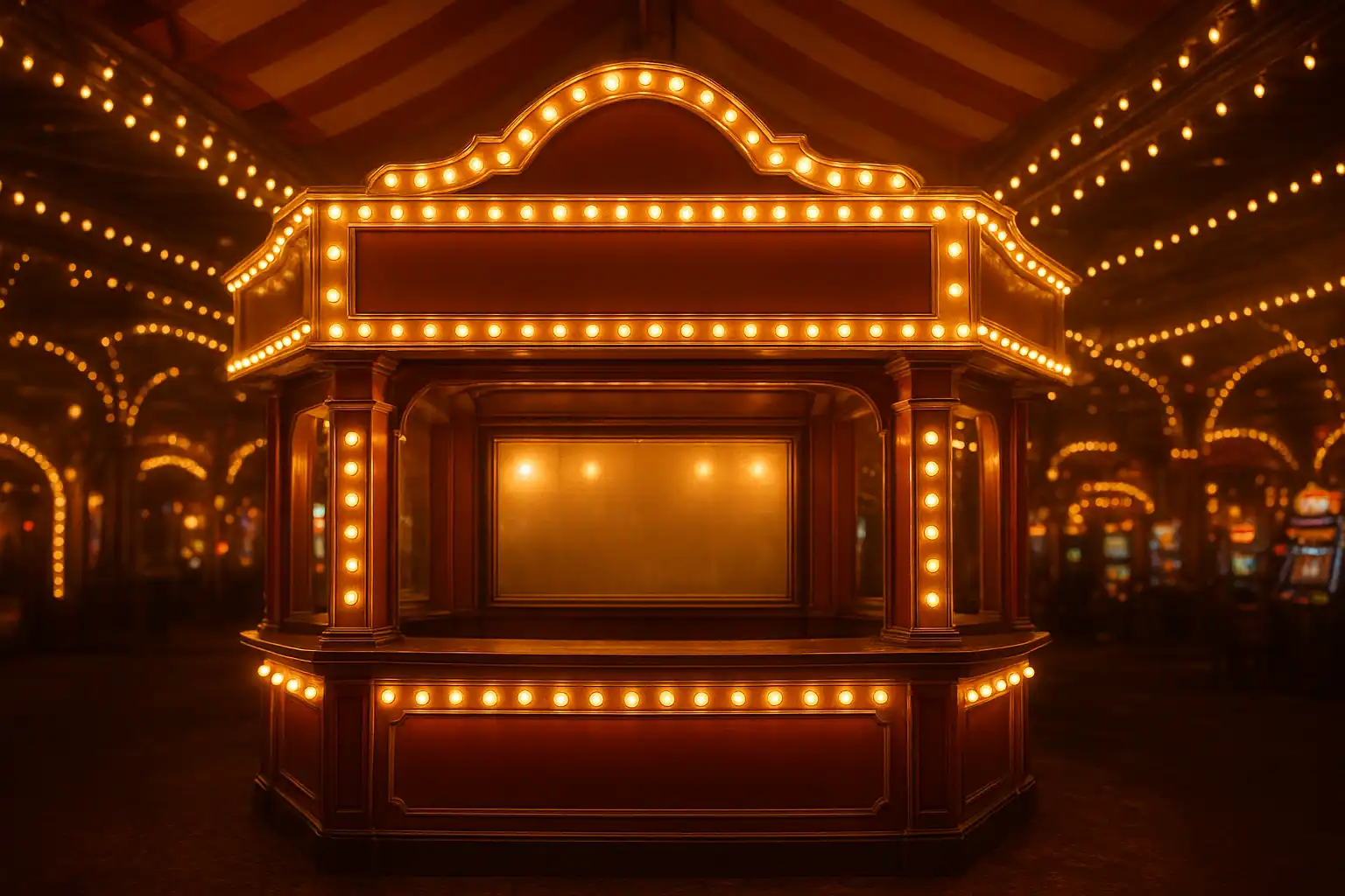 RaraWin support desk styled as a carnival information booth with lights